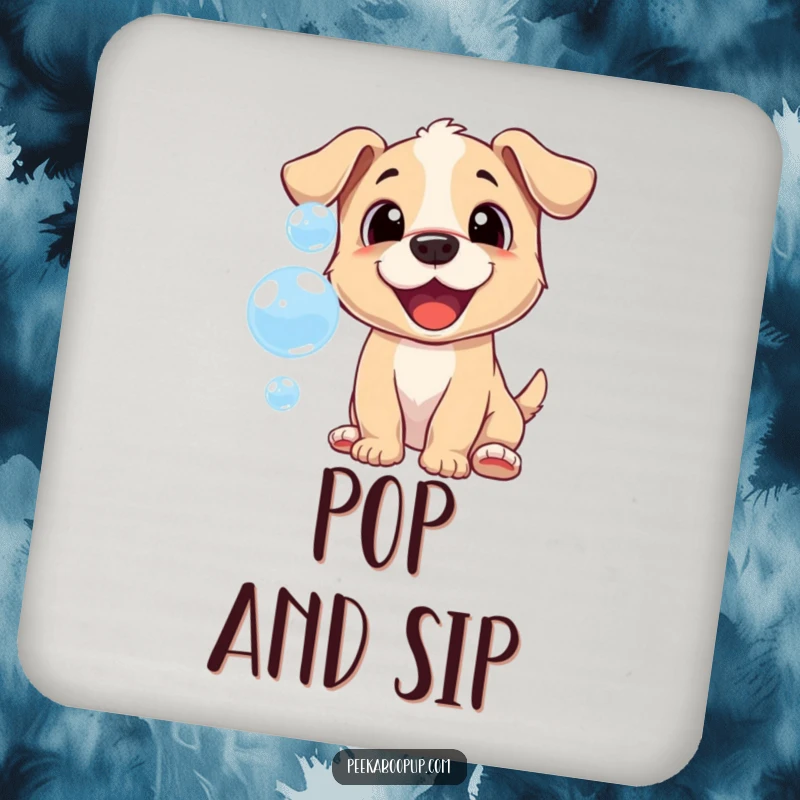 Funny drink coaster featuring a cheerful puppy trying to catch bubbles, adding playful surprise.