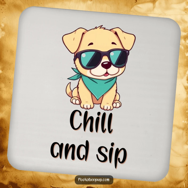 Funny drink coaster showing a puppy wearing sunglasses and a bandana, looking cool and relaxed, perfect for protecting surfaces.