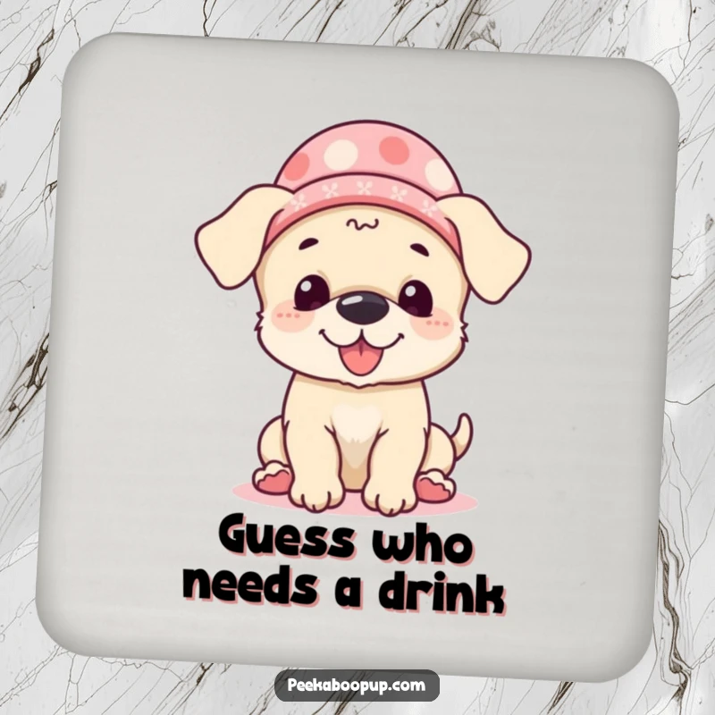 Funny Coasters featuring a giggling puppy with a tiny hat playing peek-a-boo, offering humorous protection for tables and desks.