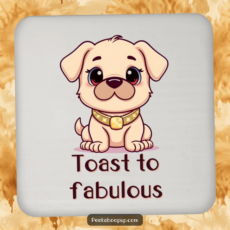 Funny drink coasters featuring a proud puppy with a sparkling collar posing confidently, perfect for parties.