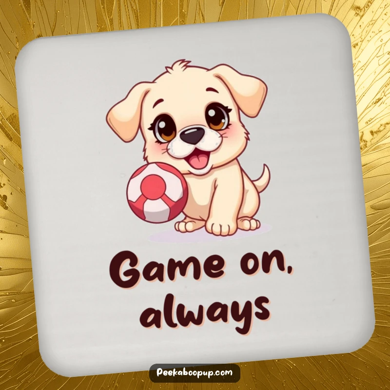Funny drink coaster set featuring an excited puppy with wide eyes, leaping to catch a bouncing ball.