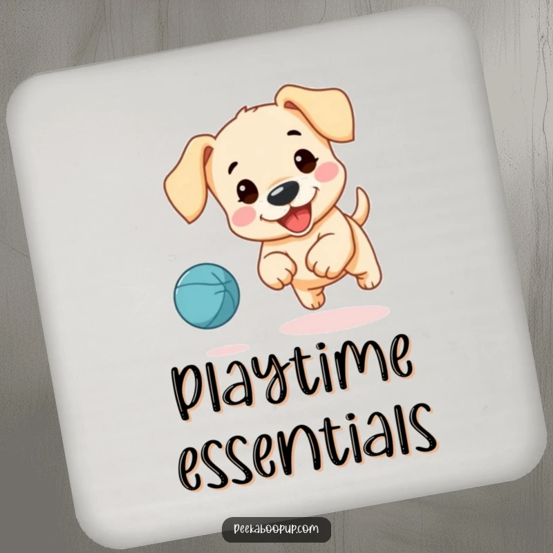 Funny drink coaster depicting a cute puppy with floppy ears joyfully chasing a bouncing ball.