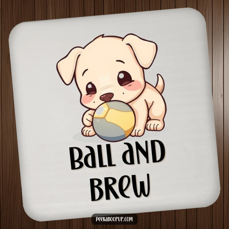 Funny drink coaster showcasing a playful puppy nudging a ball with its nose, protecting surfaces with adorable charm.