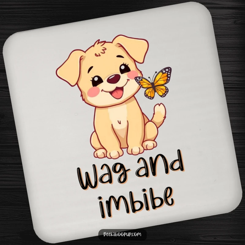 Funny drink coasters featuring a happy puppy barking at a butterfly, tail wagging, perfect for parties.