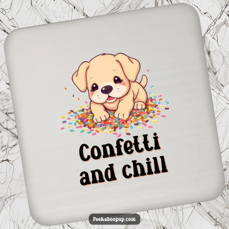 Funny Coaster: A cute puppy happily digging in a colorful pile of confetti, bringing a smile to any surface.