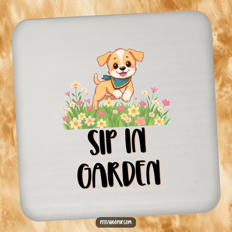 Funny coaster set depicting a playful puppy wearing a bandana, frolicking in a field of flowers, adding floral dog art to tables.