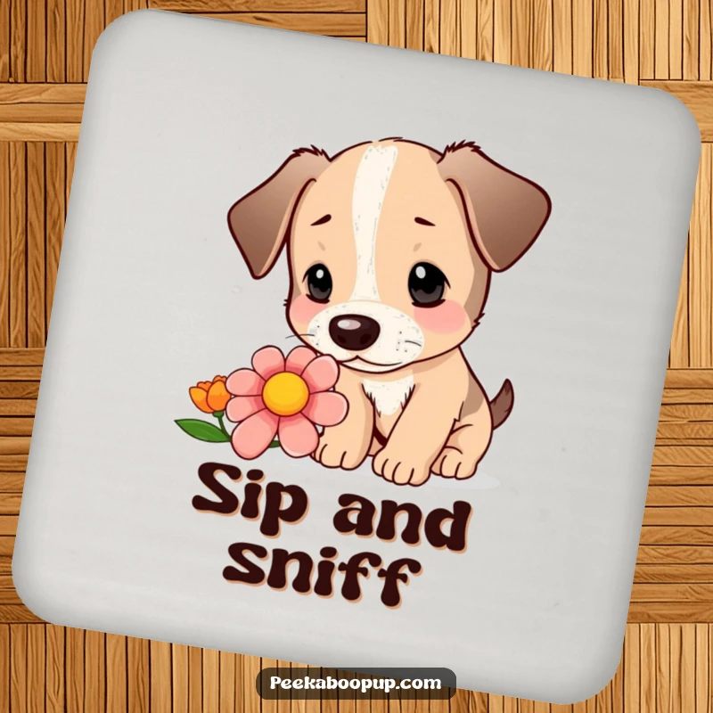 Funny drink coaster showing a cute puppy curiously sniffing a colorful flower with intrigue.