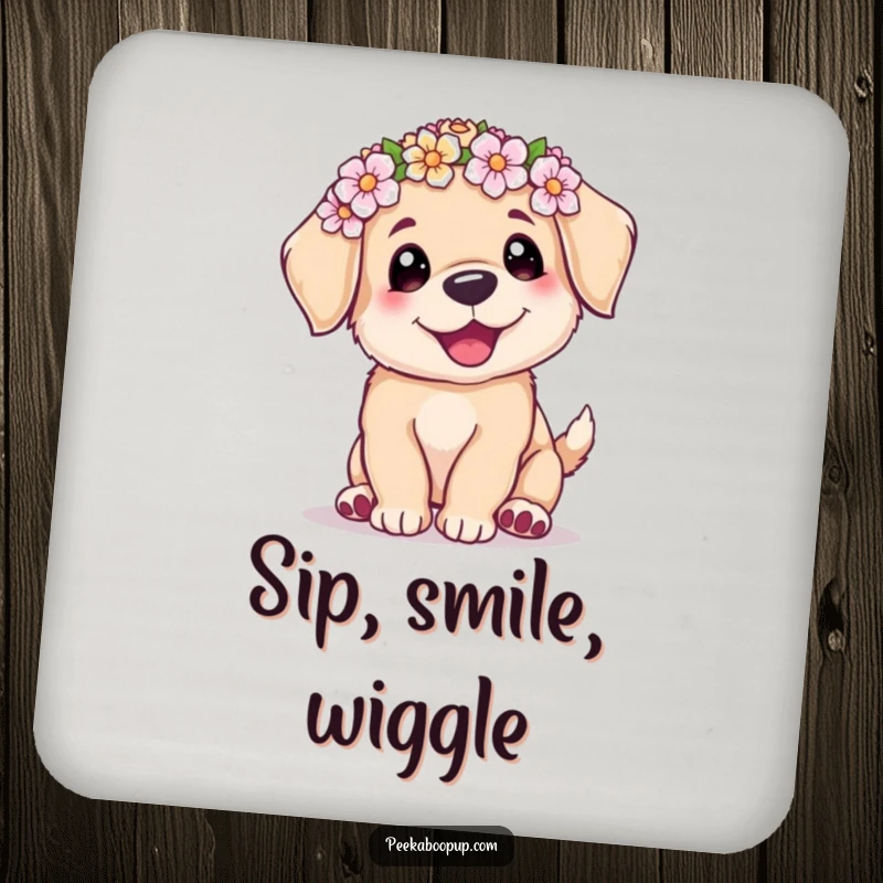 Funny drink coaster featuring a cute puppy in a flower crown, captured doing a joyful wiggle, adding charm to any drink.