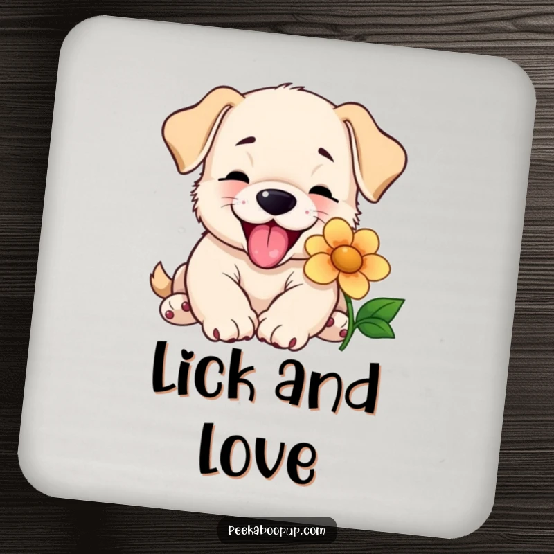 Funny drink coaster showcasing a happy puppy giving a slobbery lick to a flower, protecting surfaces with adorable charm.