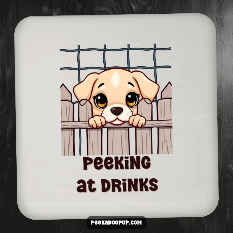 Funny coaster set depicting a curious puppy with big eyes peeking from behind a fence, adding cute dog art to tables.
