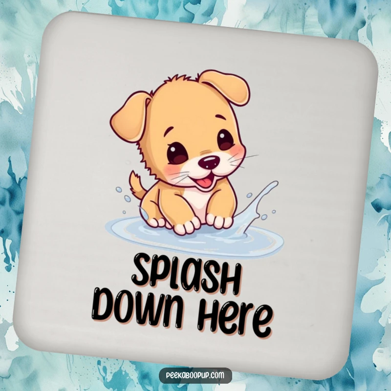Funny puppy drink coaster featuring a happy dog splashing in a puddle, adding playful humor to surfaces.