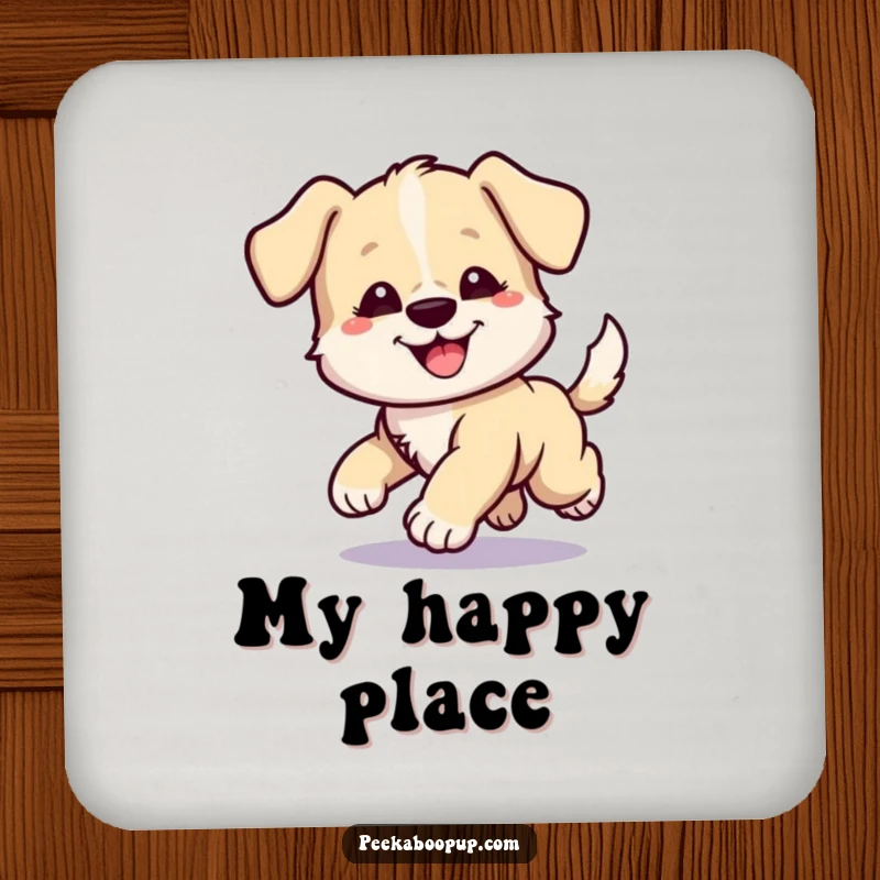 Funny drink coaster set featuring a puppy with a comical, bewildered gaze, humorously spinning in circles chasing its tail.