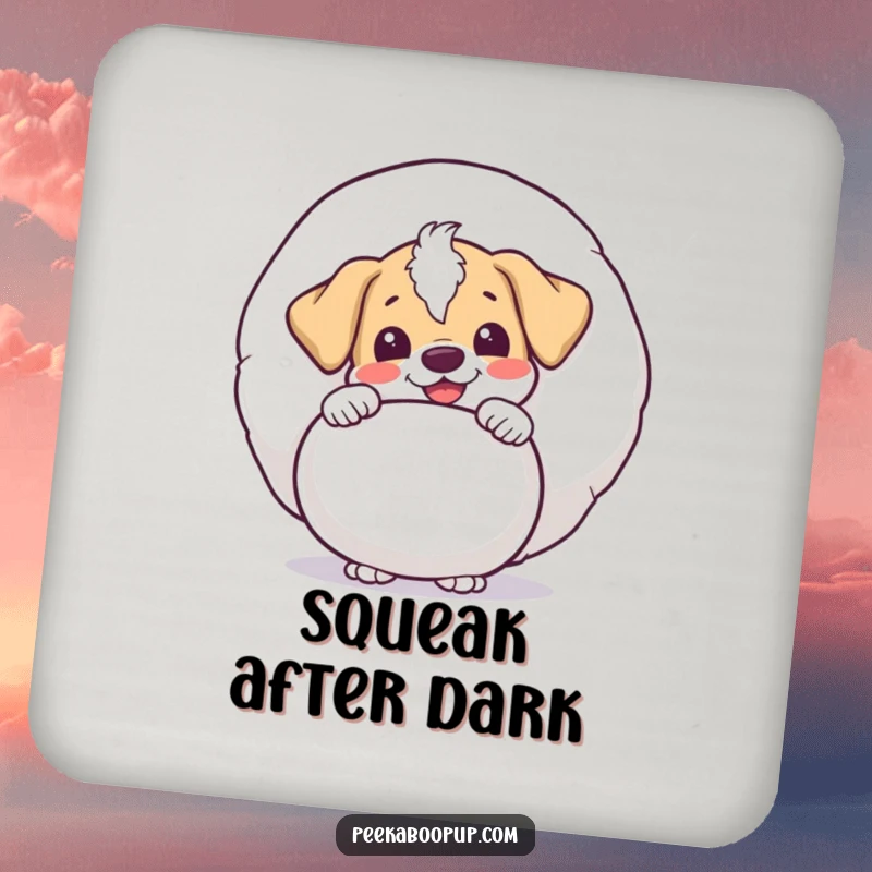Funny puppy character peeking with delight from behind a giant squeaky toy, designed on drink coasters to add humor and cuteness.