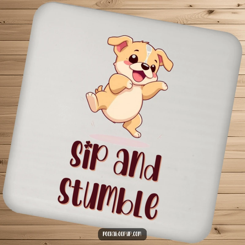 Funny drink coaster showcasing a puppy hilariously tripping over its feet mid-leap, protecting surfaces with adorable clumsiness.