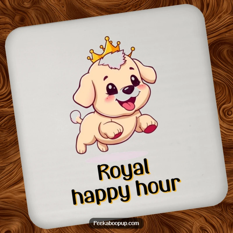 Funny drink coaster featuring a puppy with a crown happily chasing its tail with a wide, grinning expression.