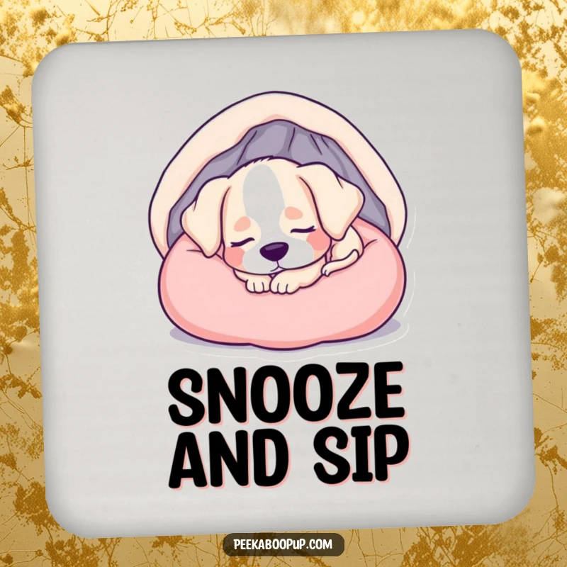 Funny drink coasters featuring a sleepy puppy curled up in a soft bed, perfect for home decor.