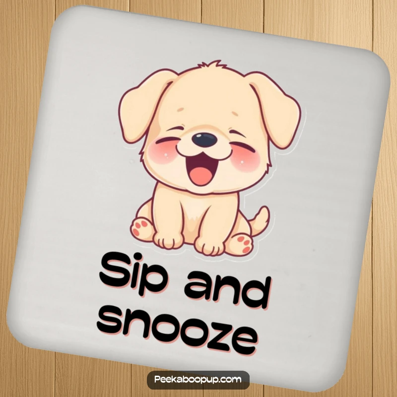 Funny puppy yawning a big, happy, sleepy smile, designed as a protective and humorous drink coaster.