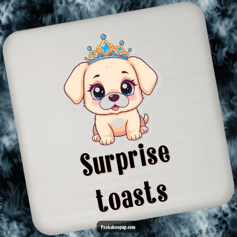 Funny drink coaster featuring a puppy with a tiara looking surprised with wide, curious eyes, protecting surfaces.