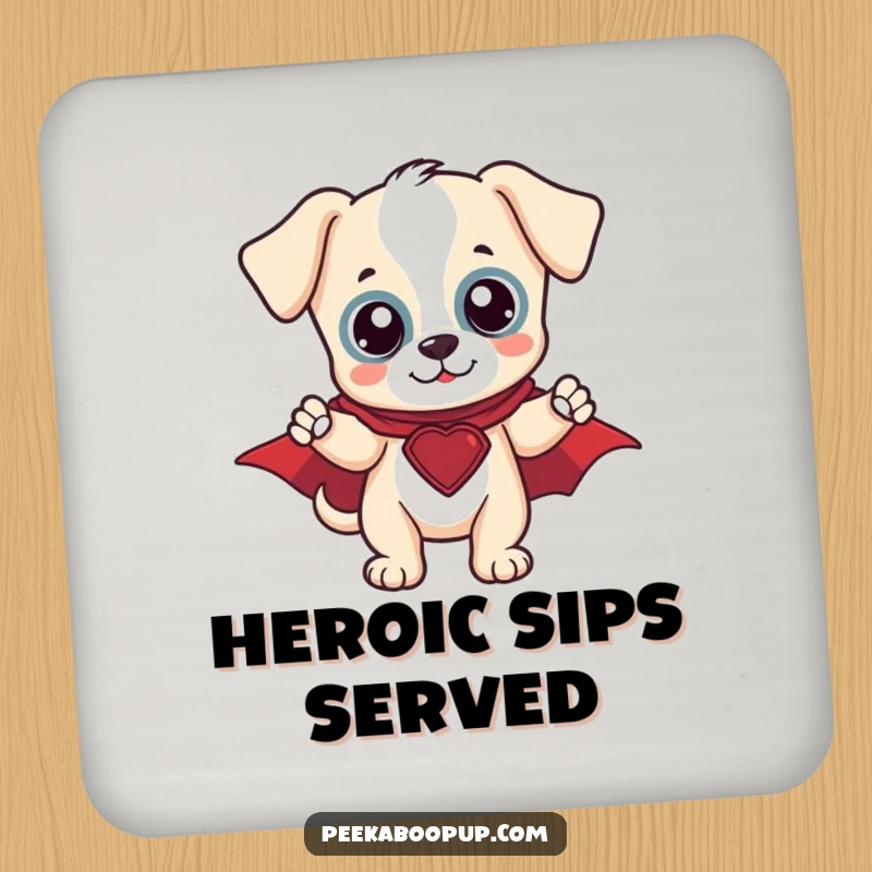 Funny Hero Puppy Drink Coasters: A heroic puppy in a cape protecting surfaces from drinks