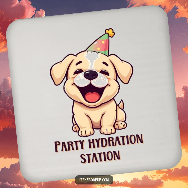 Funny puppy drink coasters, set features character in party hat barking joyfully, cute table protection, humorous gift.