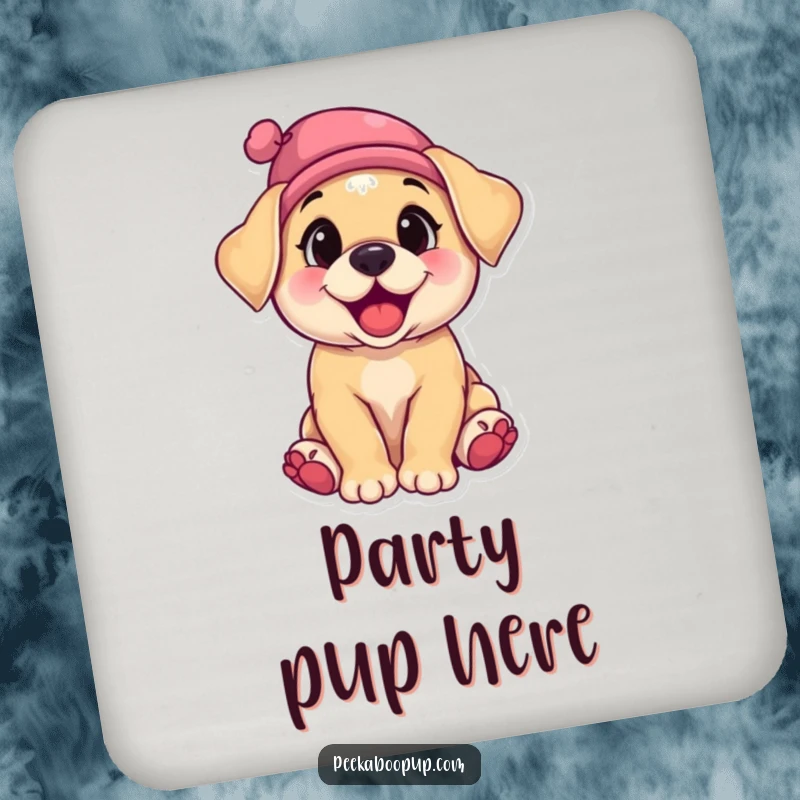 Funny drink coaster featuring a happy puppy caught in a moment of adorable giggling, wearing a jaunty, askew hat.