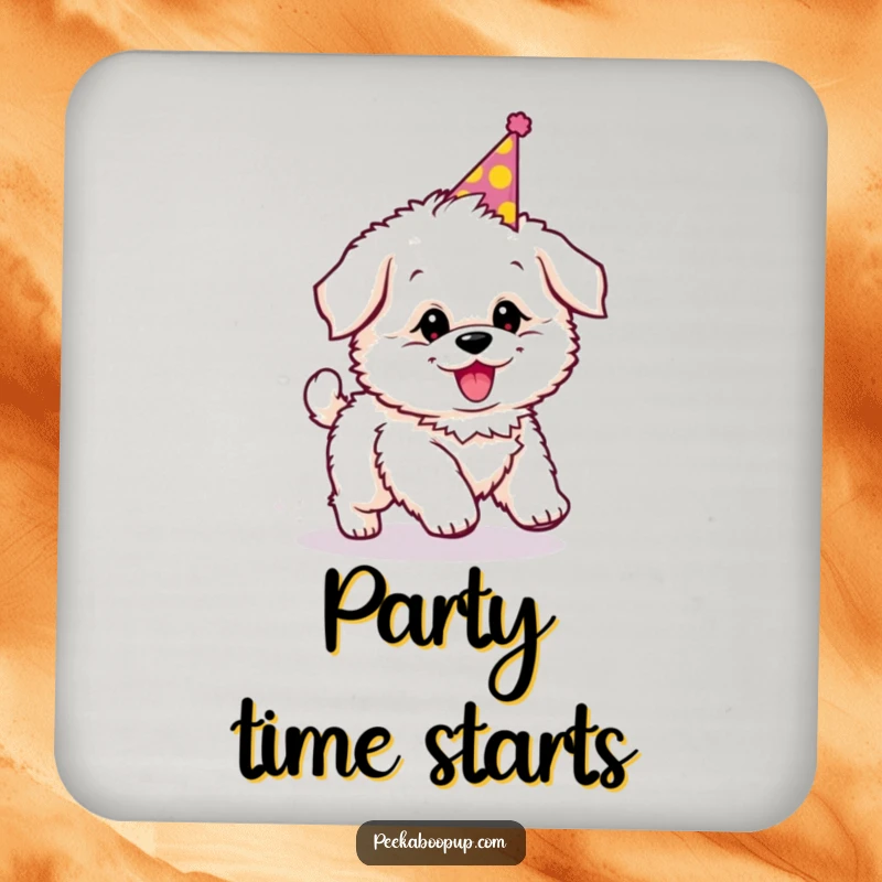 Funny drink coaster with a fluffy puppy in a party hat, comically chasing its tail, protecting surfaces.