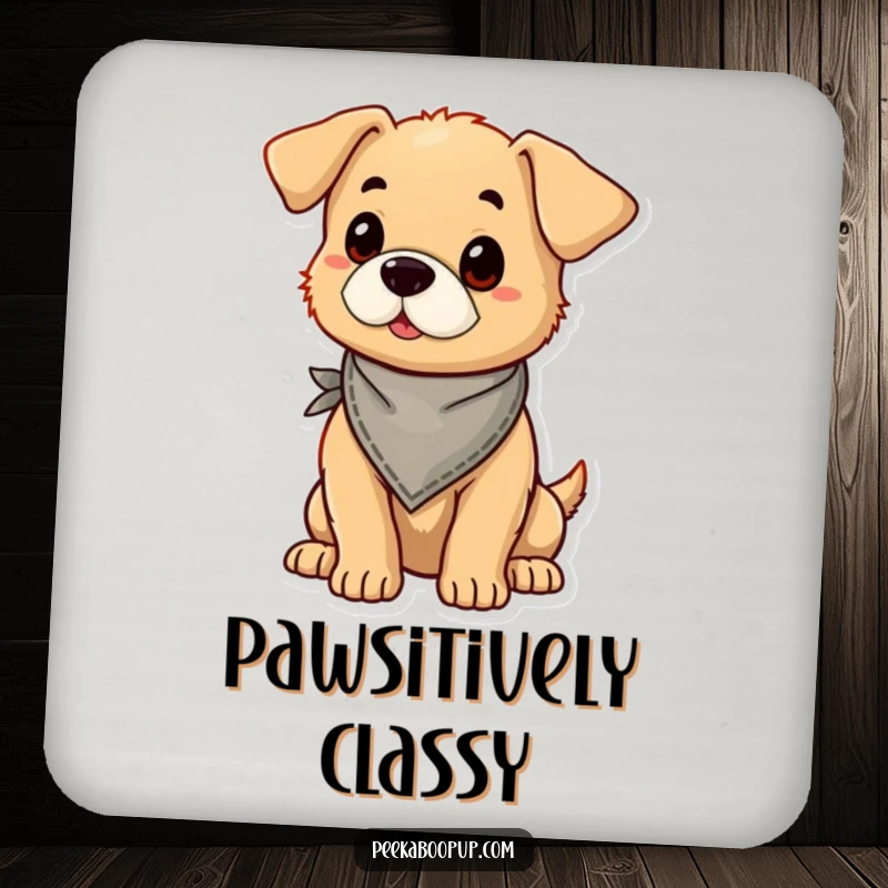 Funny puppy wearing a bandana and posing proudly, designed as a protective and humorous drink coaster.