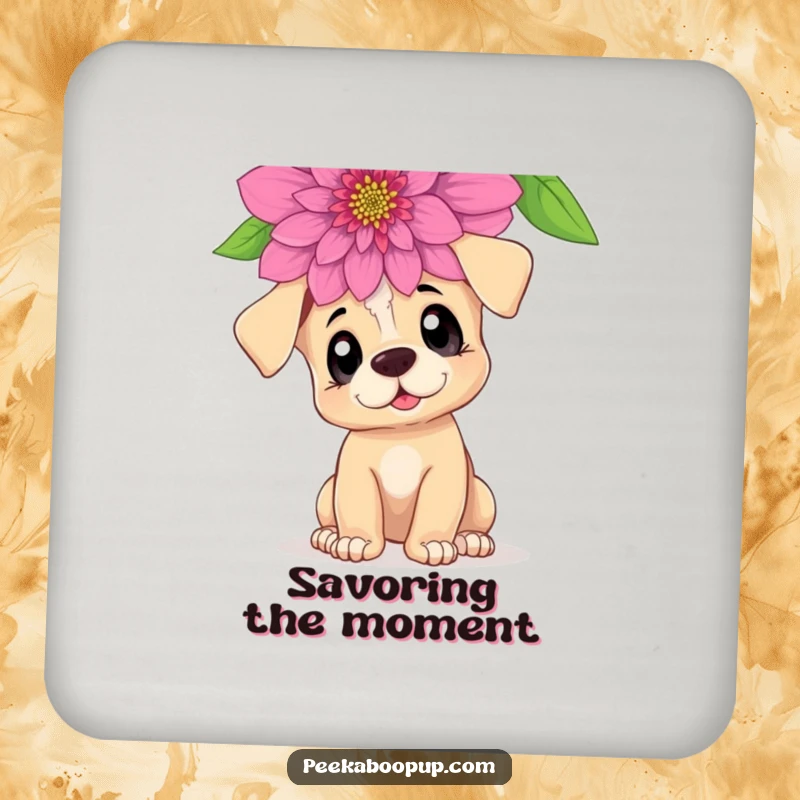 Funny Curious Puppy Drink Coasters: Featuring a curious puppy sniffing a giant flower for table protection