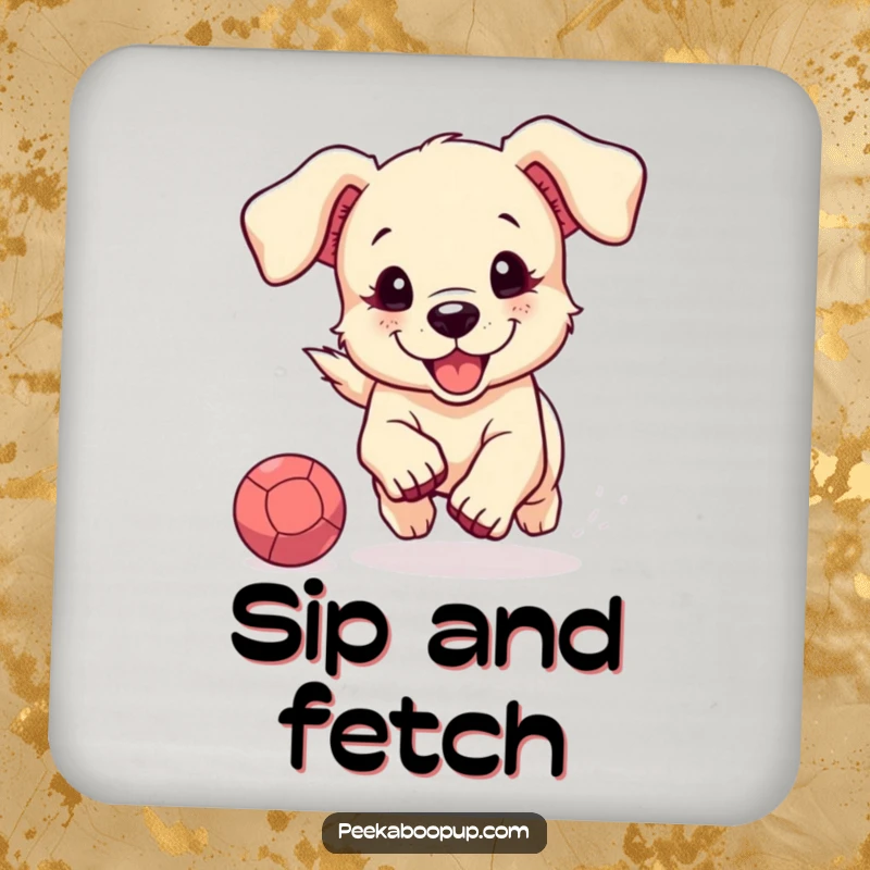 Funny coaster set depicting a cute puppy with floppy ears joyfully chasing a bouncing ball, adding humor to tabletops.