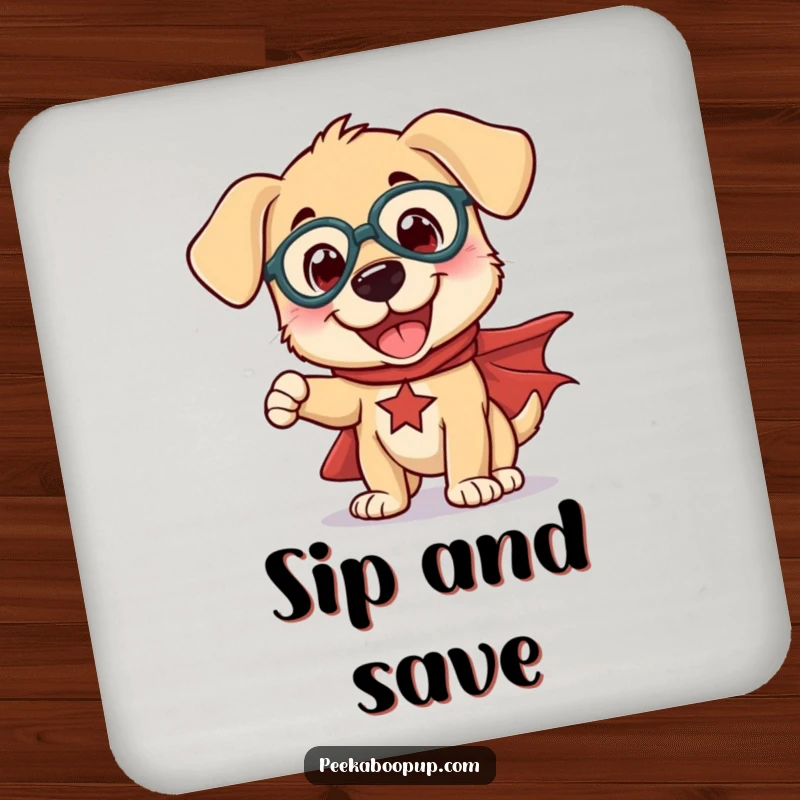 Funny drink coasters showing a happy puppy in a cape striking a comical superhero pose, great for parties.