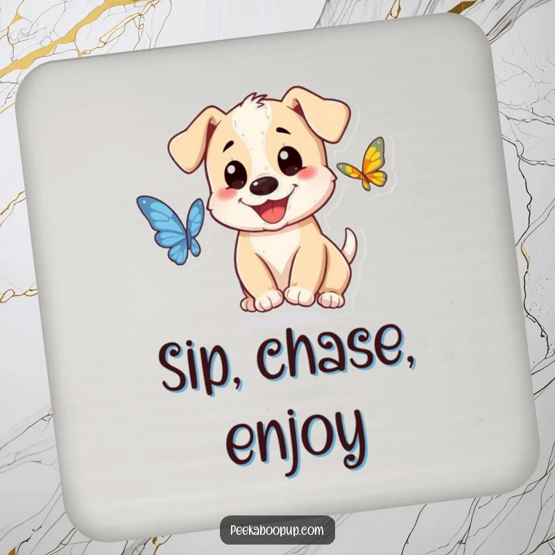 Funny puppy character drink coaster, smiling and chasing a butterfly, adding joyful humor to tables.
