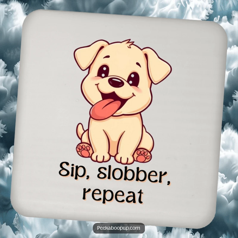 Funny puppy drink coasters illustrating an excited dog panting with its tongue lolling out, adding a humorous touch to tabletops.