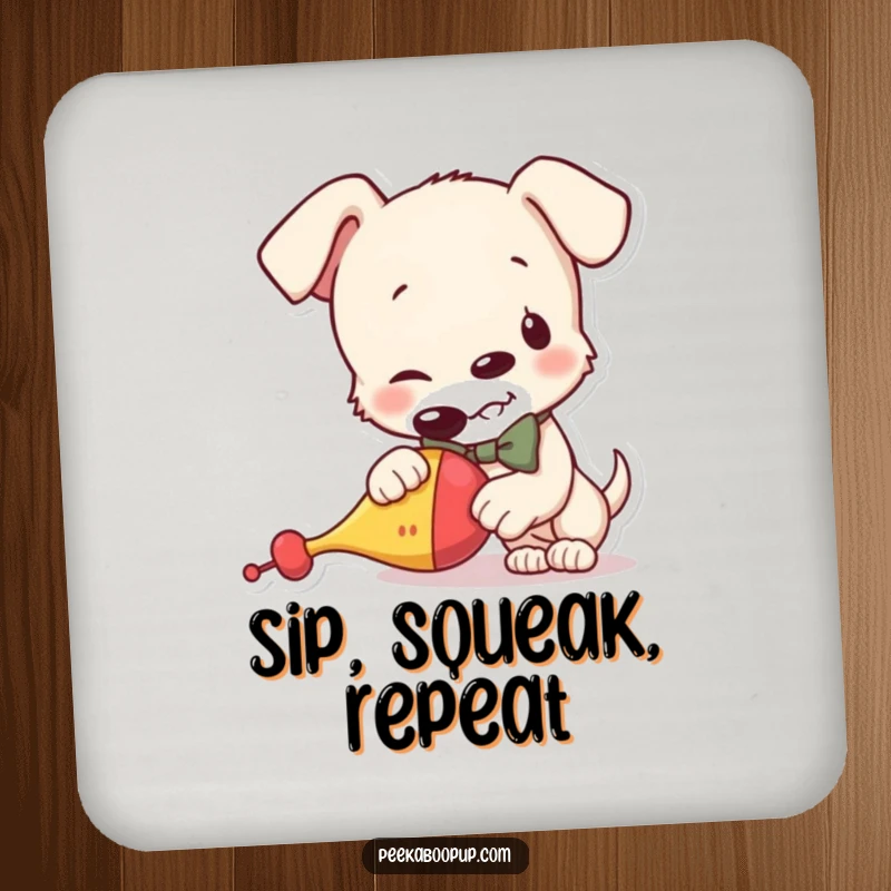 Funny drink coaster showcasing a mischievous puppy in a bowtie, about to squeak a toy, adding a humorous touch to any surface.