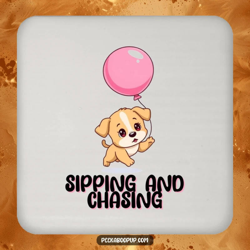 Funny drink coaster showing a determined puppy chasing a deflating balloon, perfect for protecting furniture with playful persistence.