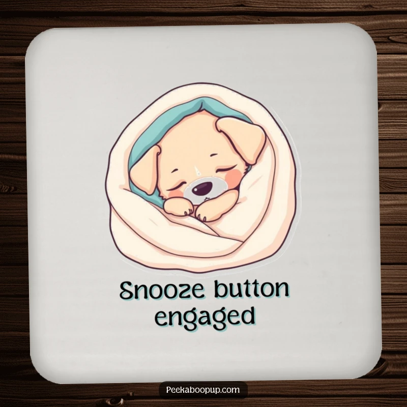 Funny Coasters: A peaceful, sleepy puppy is curled in a soft blanket, offering a humorous and protective touch. Set of coasters.
