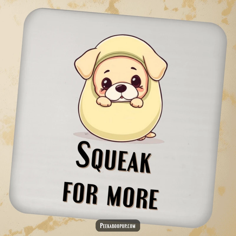 Funny drink coaster featuring a cute puppy peeking with gentle curiosity from behind an oversized squeaky toy.