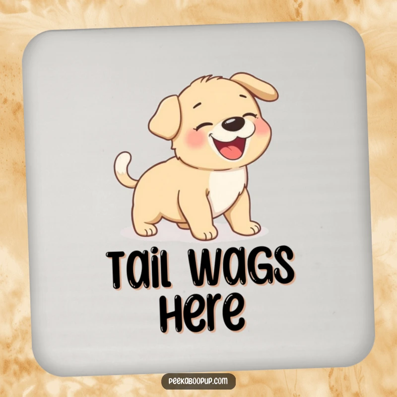 Funny giggling puppy chasing its tail, designed as a protective and humorous drink coaster.