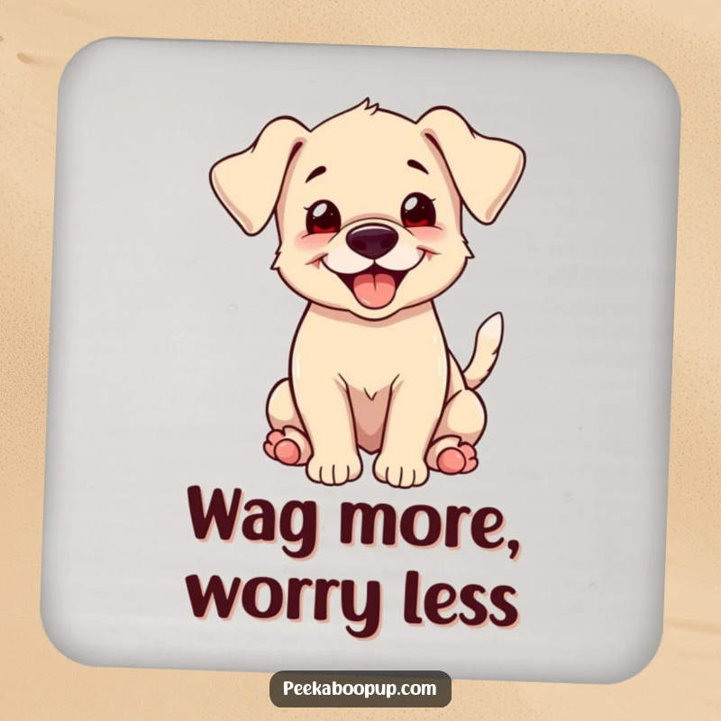 Funny puppy with floppy ears and a happy grin, wagging its tail furiously, designed on drink coasters to add humor and cuteness.
