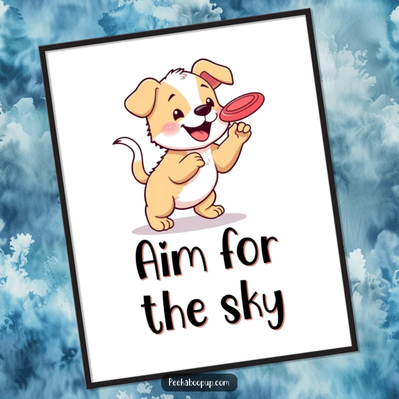 Funny poster art showcasing a happy puppy with a wagging tail leaping high to catch a frisbee, capturing a moment of energetic play.