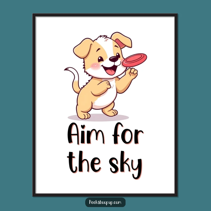 Funny Puppy Frisbee Action Poster: Dynamic Dog Art for Playful Spaces