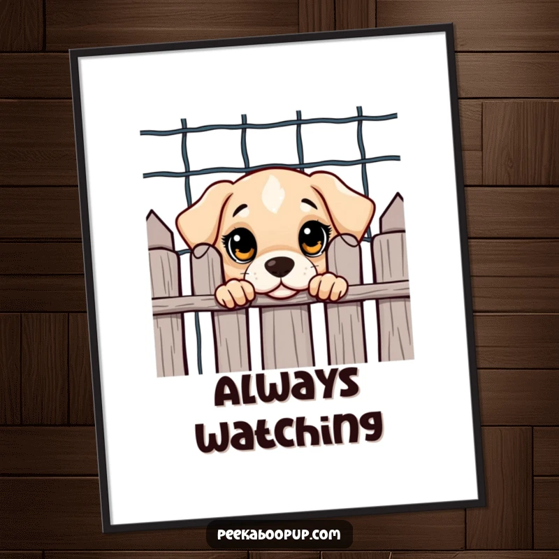 Funny poster art of a curious puppy with large, innocent eyes peeking from behind a fence, capturing a moment of gentle intrigue.