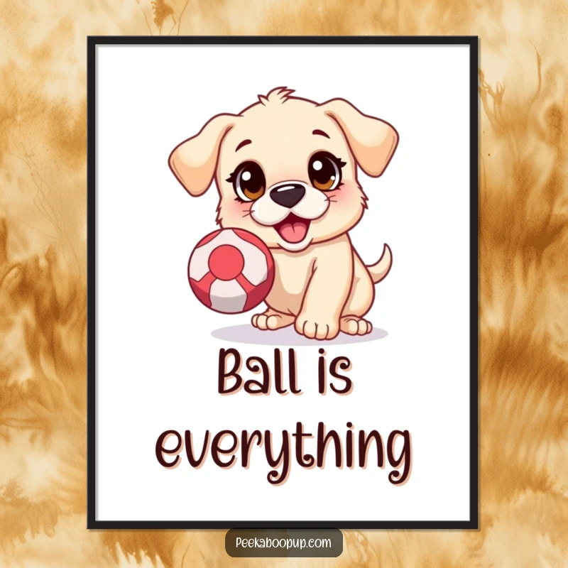 Funny poster print of a puppy with wide, excited eyes, captured mid-leap while trying to catch a bouncing ball.