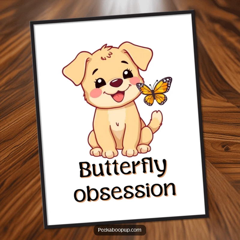 Funny poster showing an excited puppy with a wagging tail barking at a colorful butterfly fluttering nearby.
