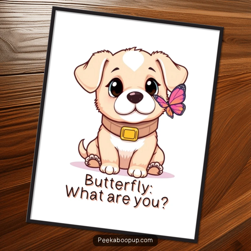 Funny poster print of a puppy wearing a comically large collar, looking with wide, curious eyes at a beautiful butterfly.