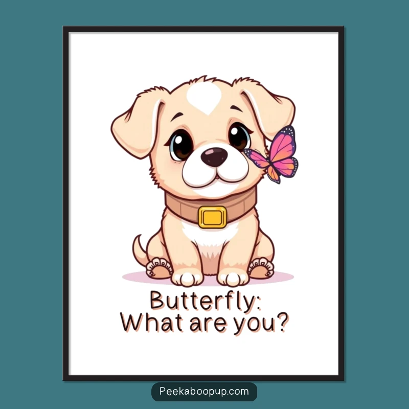 Funny Puppy Butterfly Poster: Charming Wall Art with Oversized Collar Pup