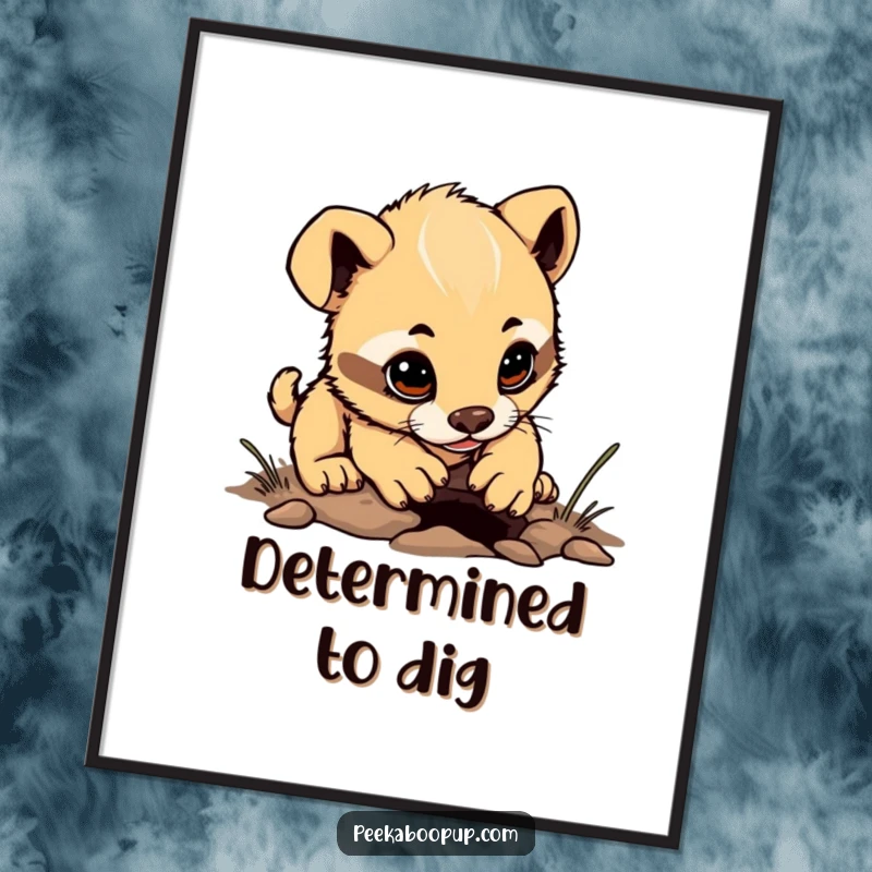 Funny determined puppy character poster, focused on digging a tiny hole, cute and motivating wall art.