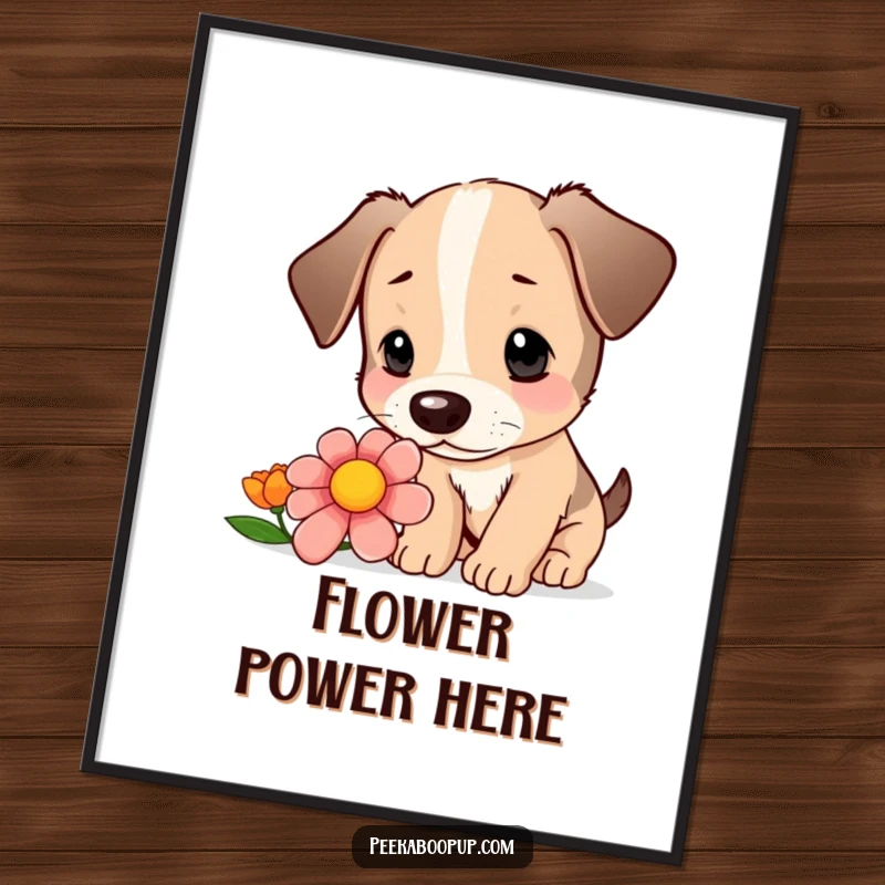 Funny poster showcasing a cute puppy curiously sniffing a colorful flower with intense intrigue.