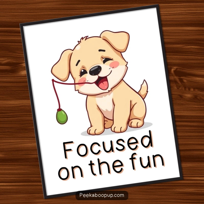 Funny Puppy Poster: An illustration of a puppy playfully batting at a dangling string, full of energy