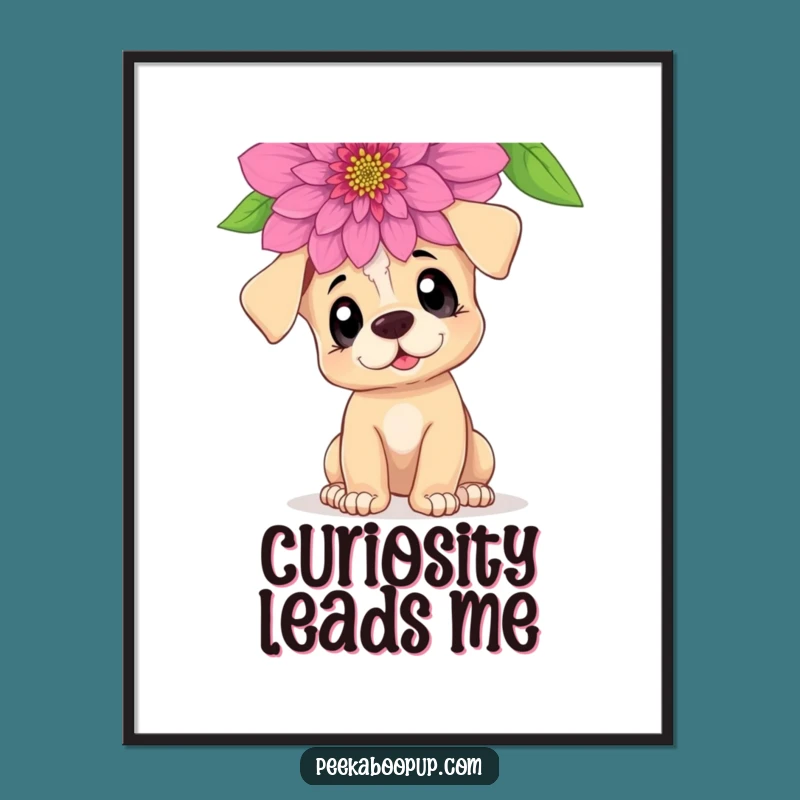Funny Curious Puppy Poster: Whimsical Art of a Dog's Floral Discovery