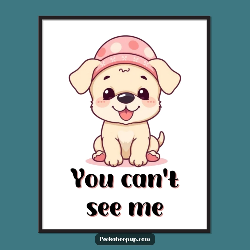Funny Giggling Puppy Peek-a-Boo Hat Poster: Adorable Wall Art for Humor